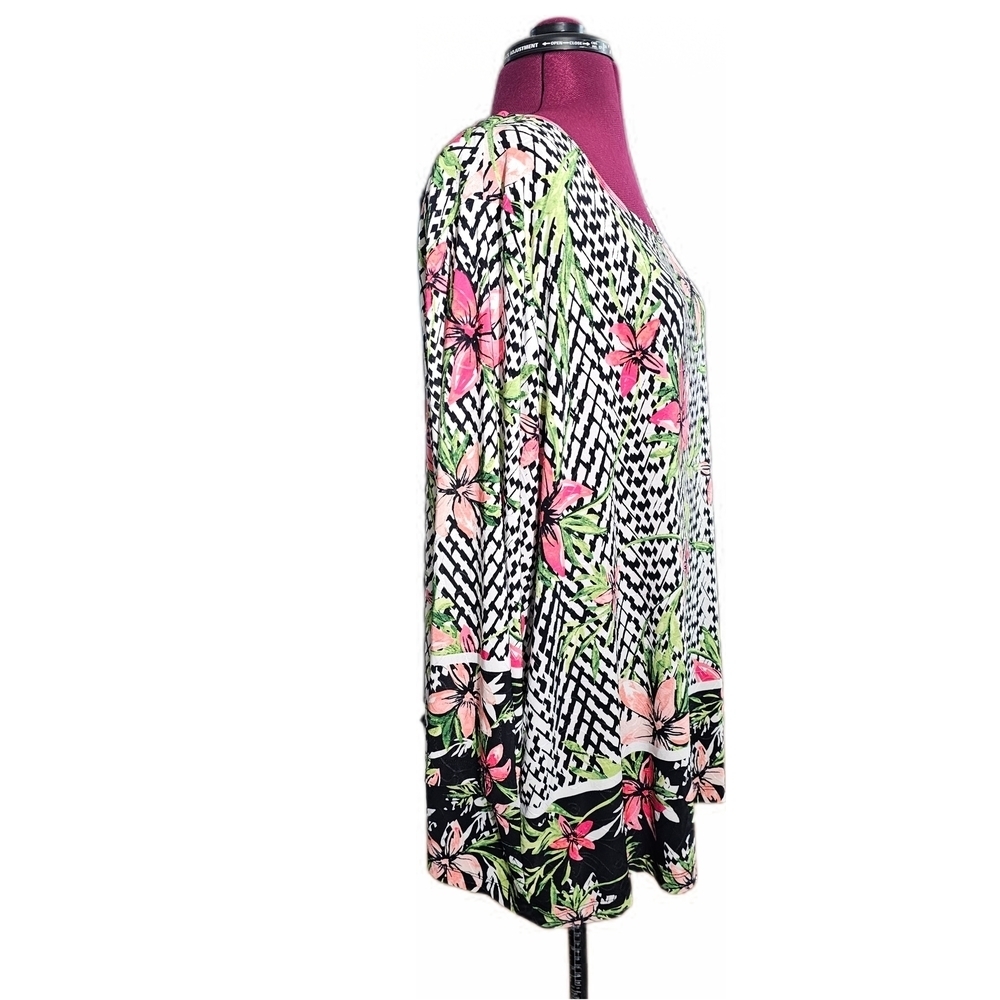 JN Collectipn Tropical Tunic Black and Pink Floral Blouse Top - Picture 4 of 14